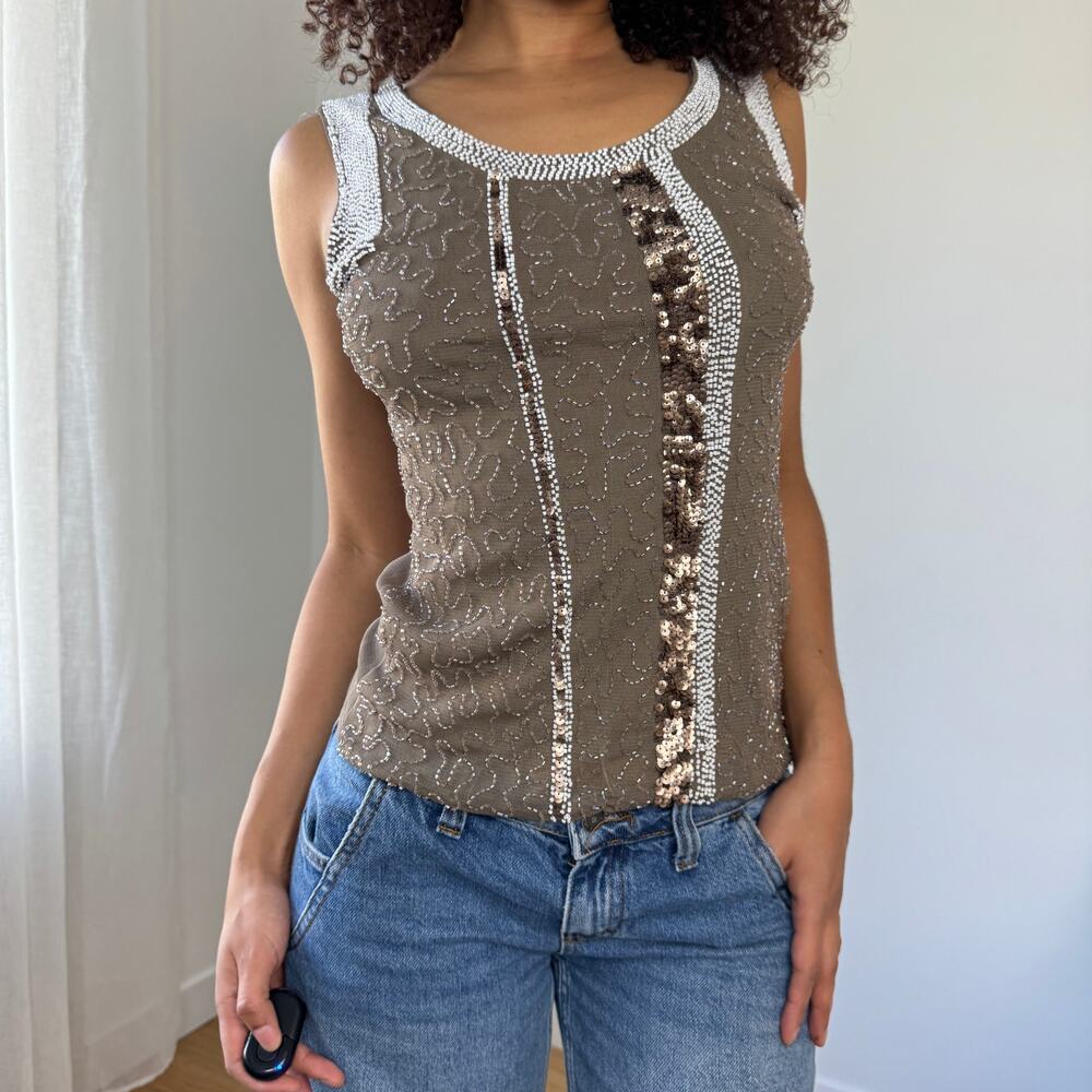 Vintage Beaded Mesh Panel Tank – Made in Italy (Size S)